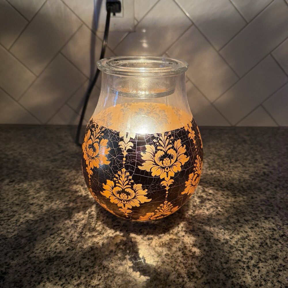 Scentsy GLAMOUR TIME Gold Damask Glass Wax Warmer - Retired